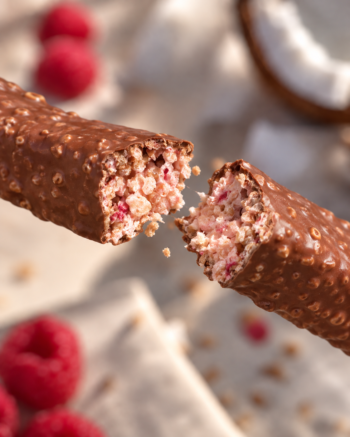 Barre protéinée crémeuse & croustillante – Arôme Framboise Noix de Coco
