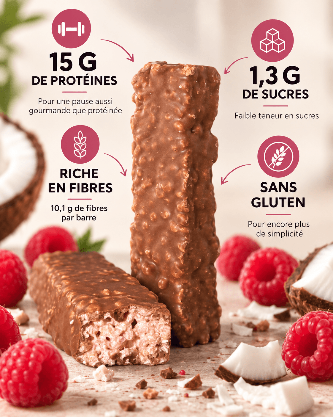 Barre protéinée crémeuse & croustillante – Arôme Framboise Noix de Coco