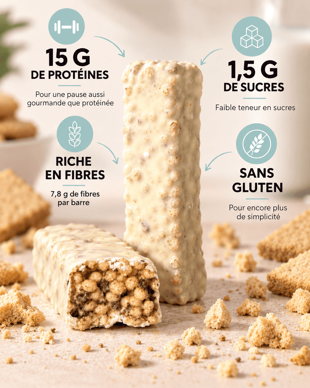 Barre protéinée crémeuse & croustillante – Arôme Cookies & crème