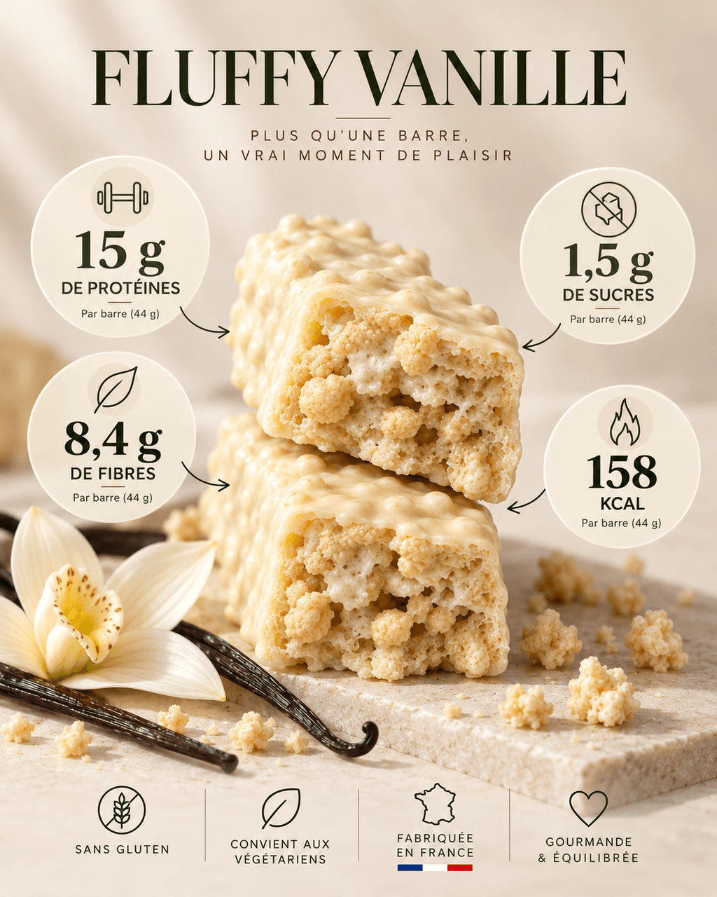 Barre protéinée crémeuse & croustillante – Arôme Vanille